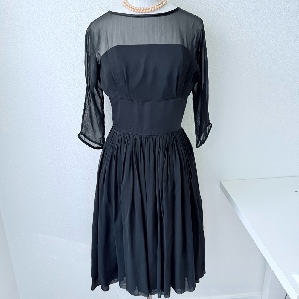 Authentic 1950s Hand Made Black Chiffon Cocktail Dress- XS/Small-True Vintage
